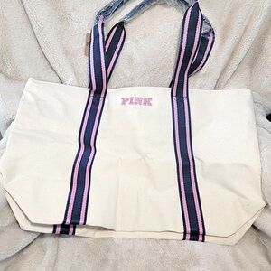 PINK Victoria's Secret Canvas Tote Bag Navy/Pink